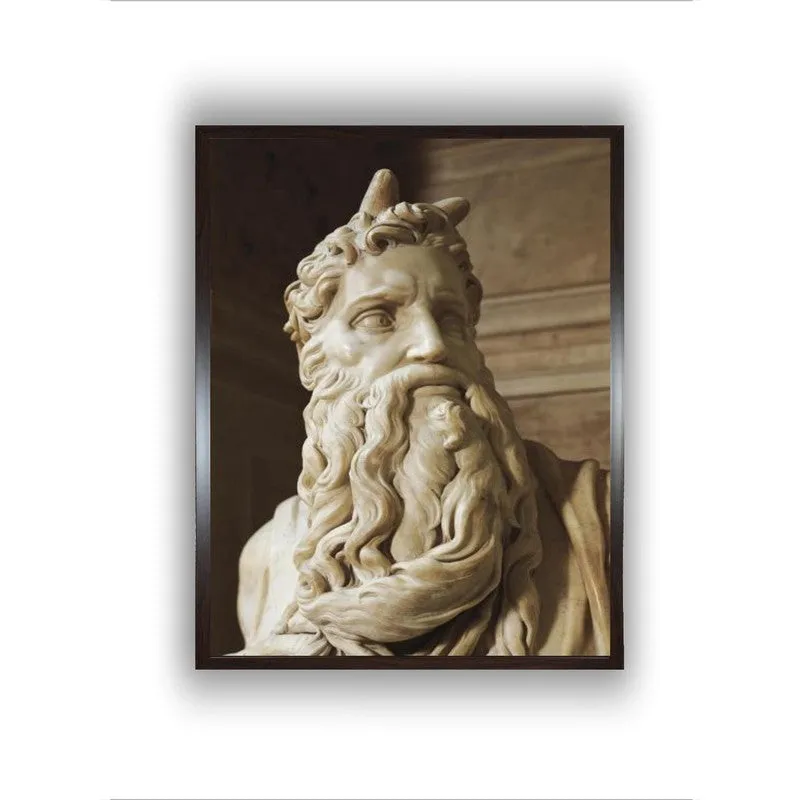 Straight-on view of framed canvas wall painting with classical figure detail