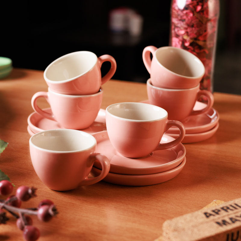 Blush & Brew Cup & Saucer (Pink/100 mL) - Twelve Piece Set