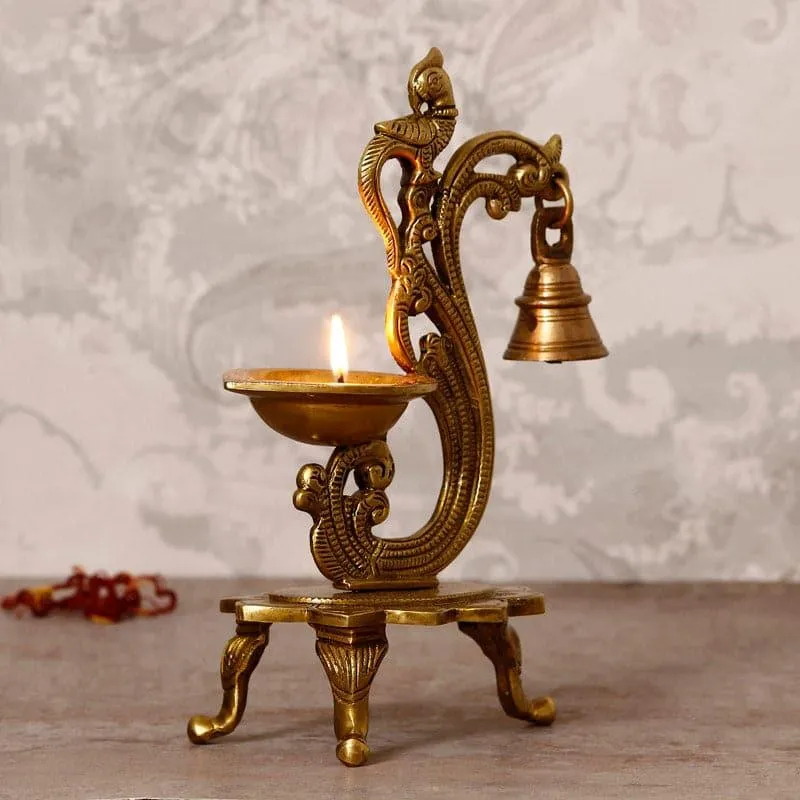 Antique Brass Parrot Diya With Bell - Gold media 1