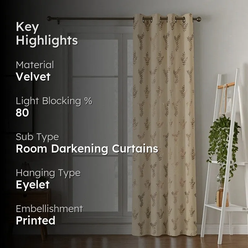 Soft Shine Printed Velvet Curtain - Beige,Gold media 2