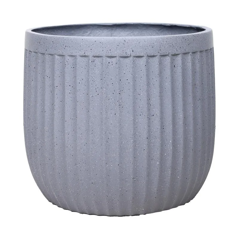 Close-up of the grey speckled stonefinish and vertical ribbing on the planter.