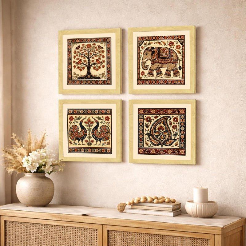 Vintage Folk Art Paper Wall Painting - Set Of Four media 4