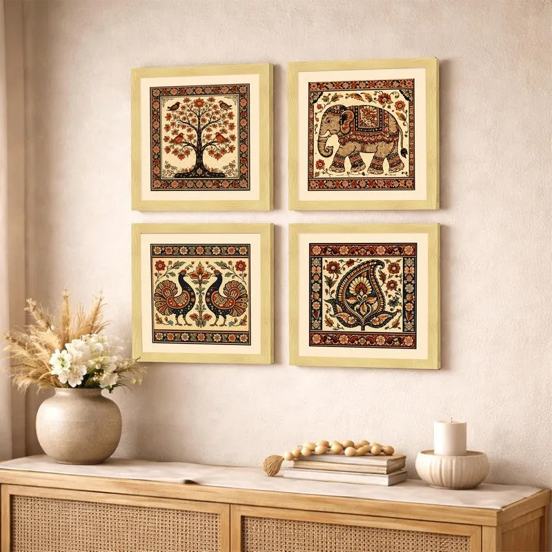 Vintage Folk Art Paper Wall Painting - Set Of Four media 4