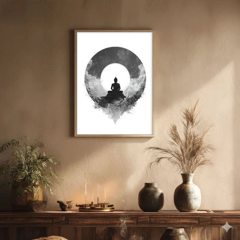 Meditation in Monochrome Buddha Wall Painting With Brown Frame media 1