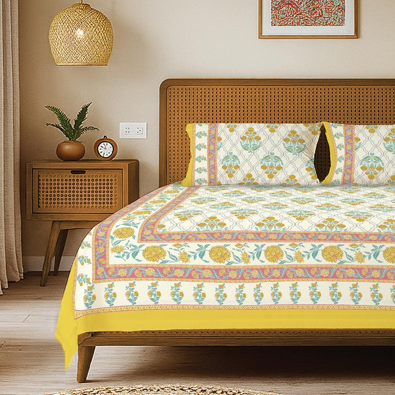 Urban Space Botanical Charm Cotton Bedsheet (Yellow) - 240 TC media 3
