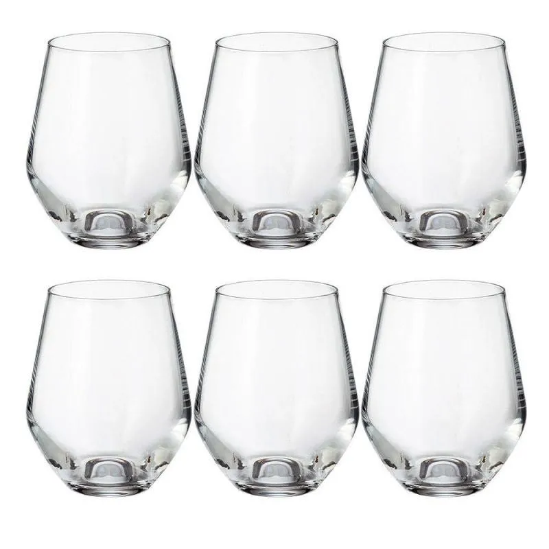 Six clear stemless glasses shown against a white background