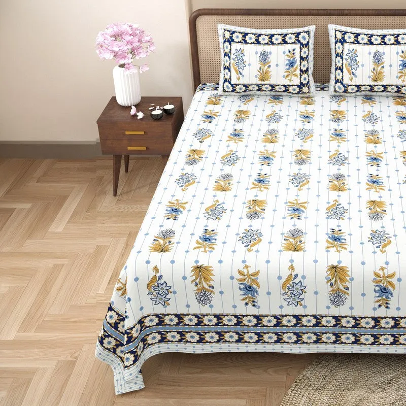 Heritagea Cotton Bedsheet (White,Blue) - 240 TC media 4
