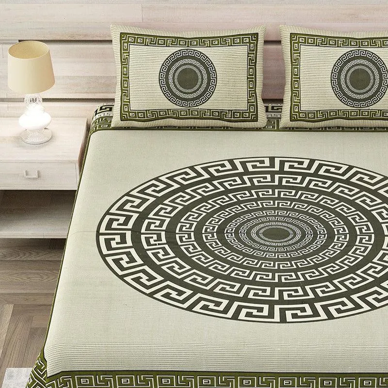 Greek Key Printed Cotton Bedsheet (Olive Green) - 160 TC media 3
