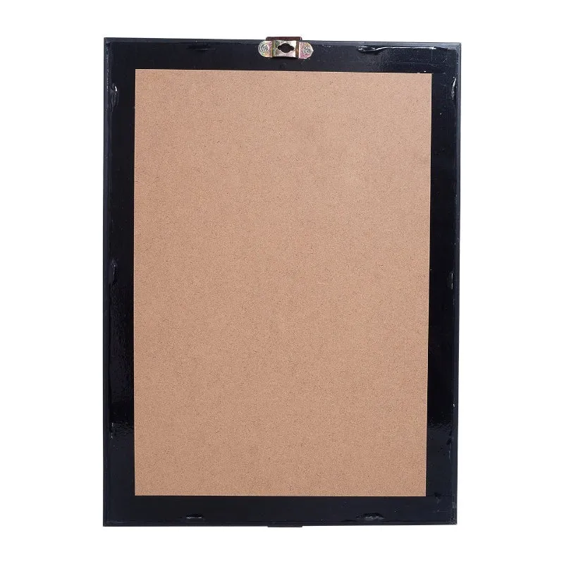 Back of the rectangular wall art showing its dark frame and hanging fixture