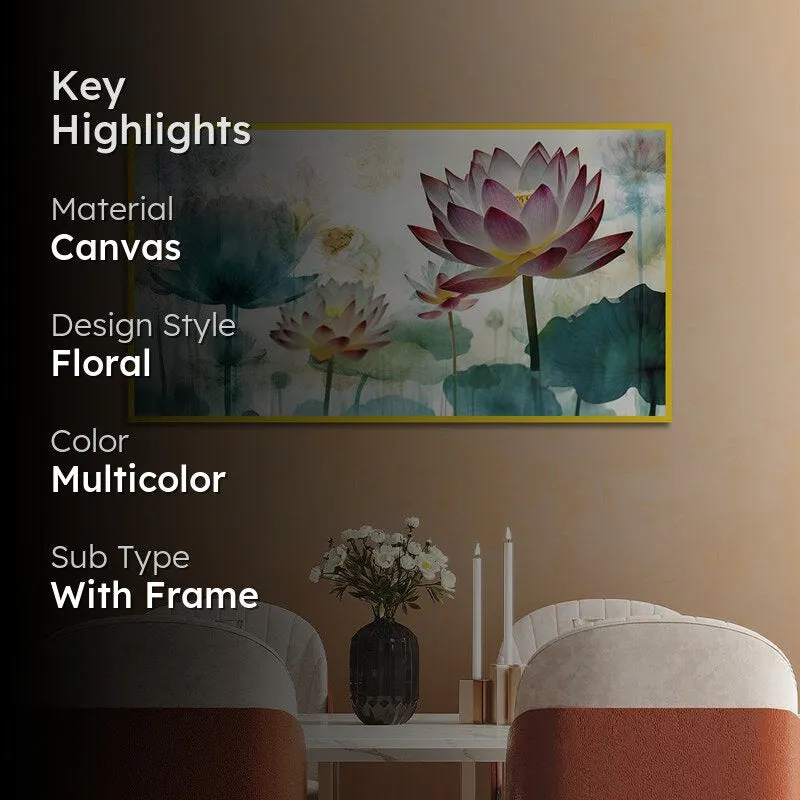 Lotus Whispers Floral Canvas Wall Painting With Frame - Gold media 2