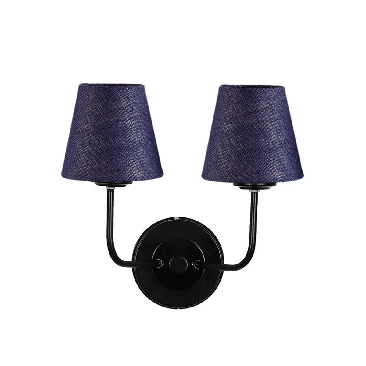 Front view of blue twin-shade wall lamp with black iron base