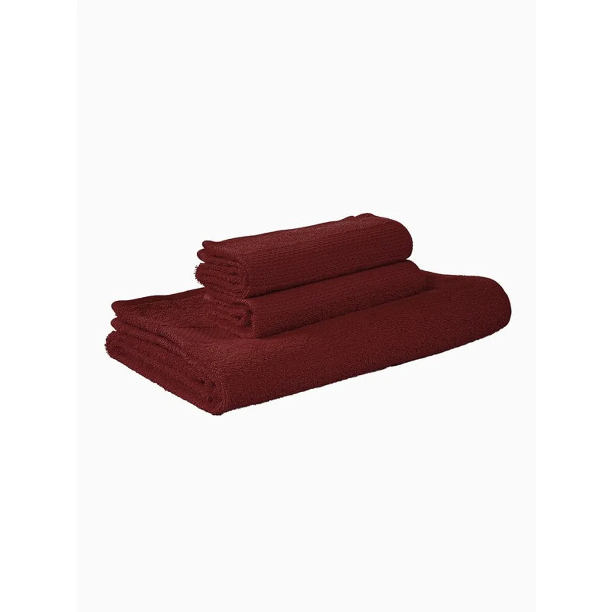 Brown towel set folded and stacked against a white background