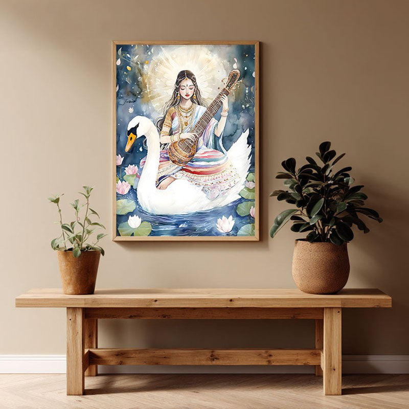 Vidya Swarupini Spiritual Archival Paper Wall Painting - Natural Brown Frame