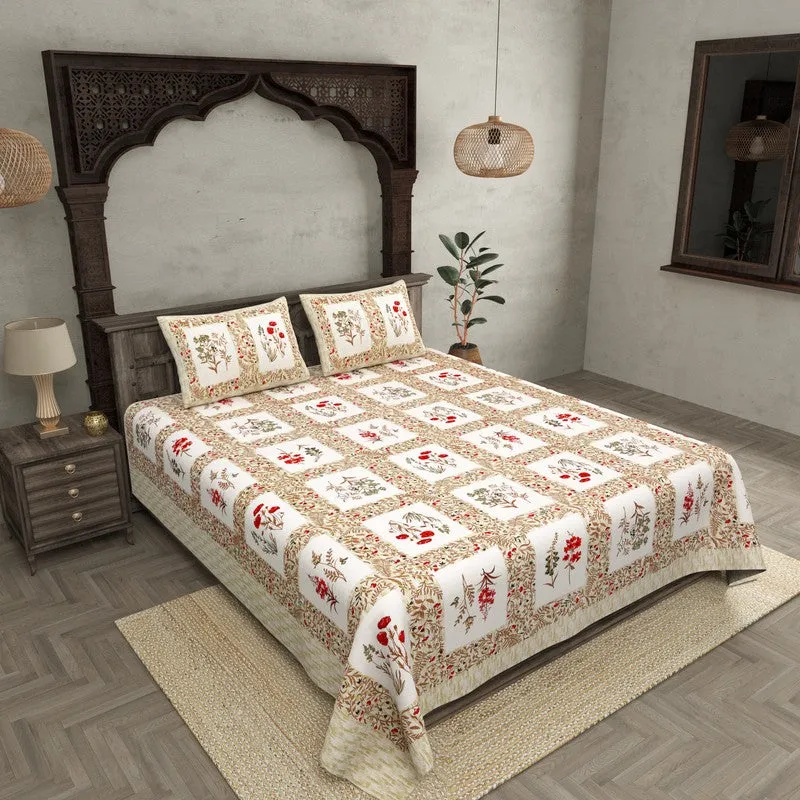 Aditri Floral Printed Cotton Bedsheet (White,Pink) - 144 TC media 1