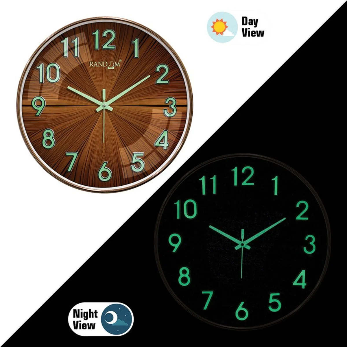 Brown wall clock shown in daylight and with glowing numbers in darkness
