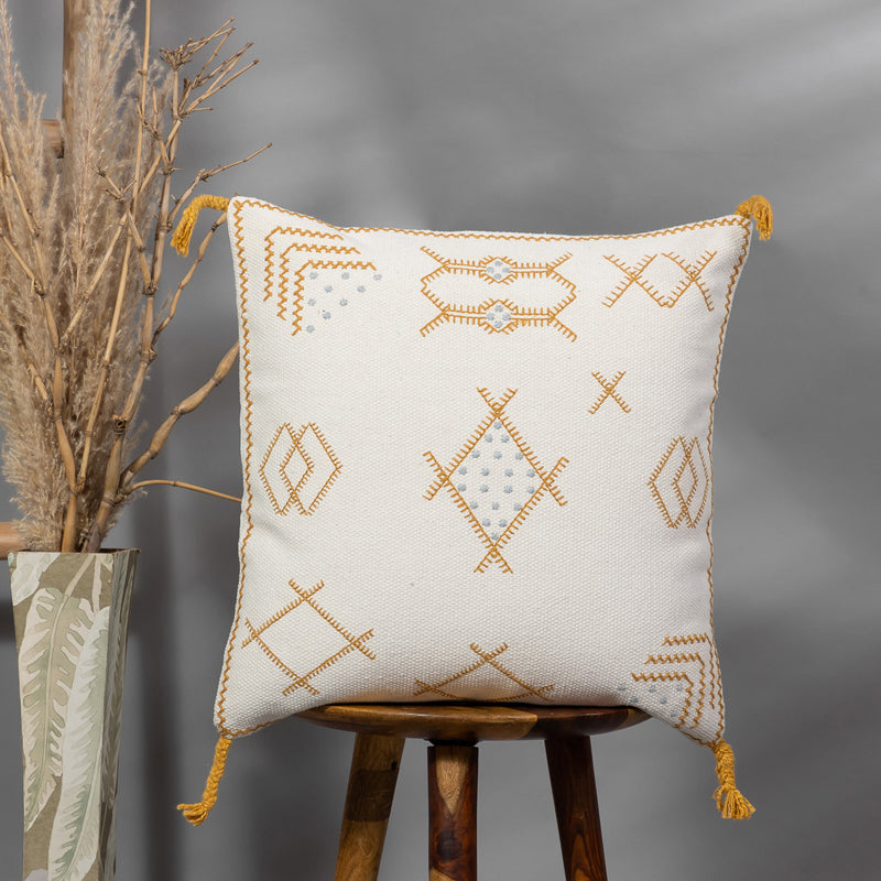 Tribal Glyph Embroidered Cushion Cover - White - 18 x 18 Inches