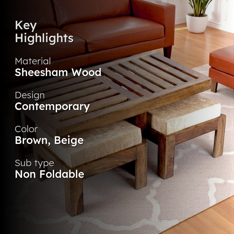 Dravon Sheesham Wooden Center Table with Stools (Brown,Beige) - Five Piece Set media 2