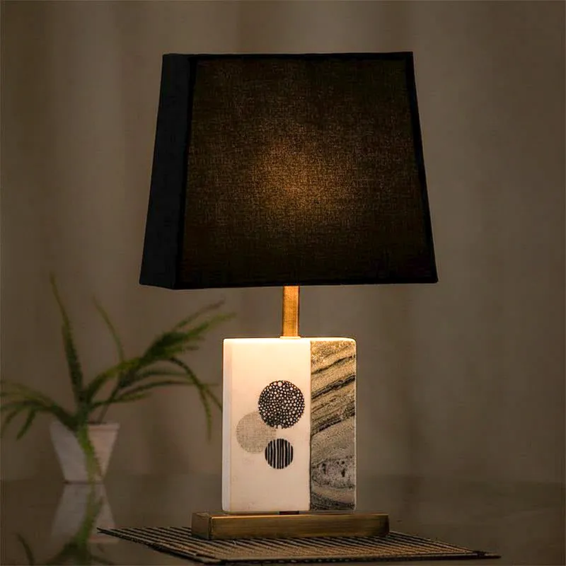 Blaze Printed Fabric Table Lamp With Marble & Brass Base - Black,White media 1