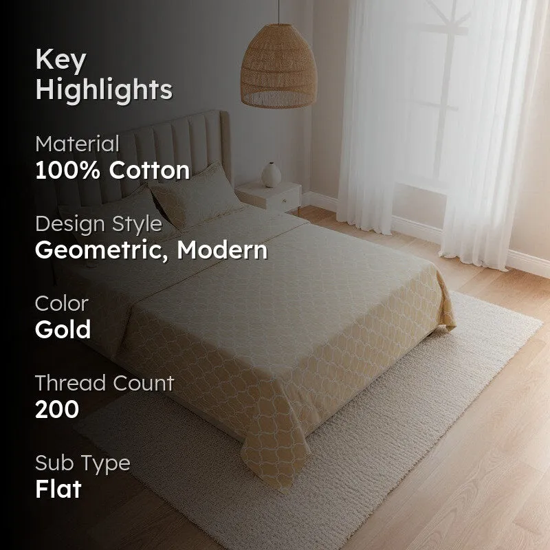 Product highlights graphic for the yellow geometric cotton bedsheet