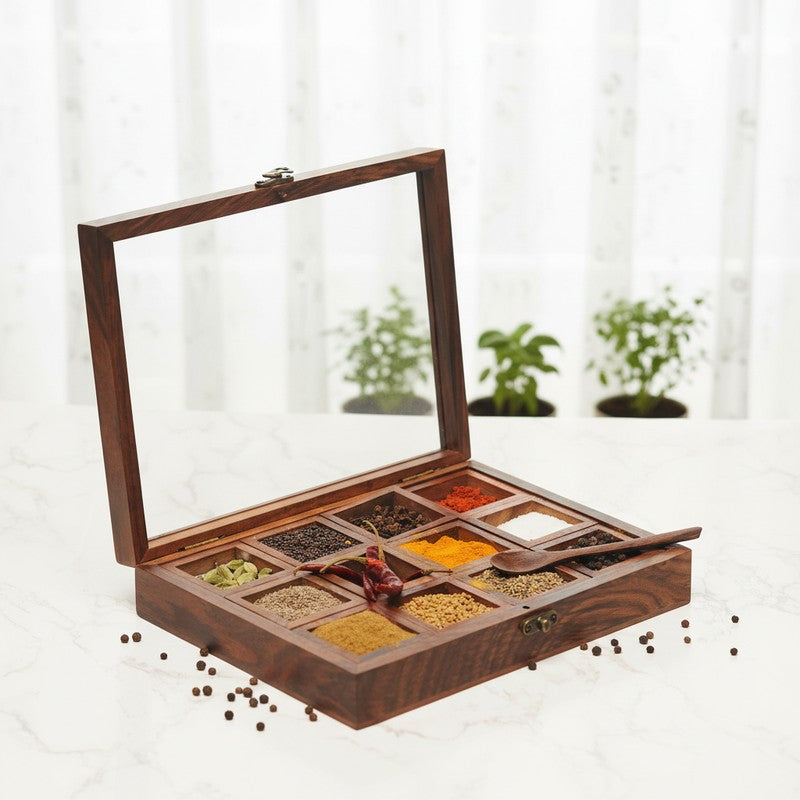 Timber Sheesham Wood Rectangle Masala Box - Fourteen Piece Set
