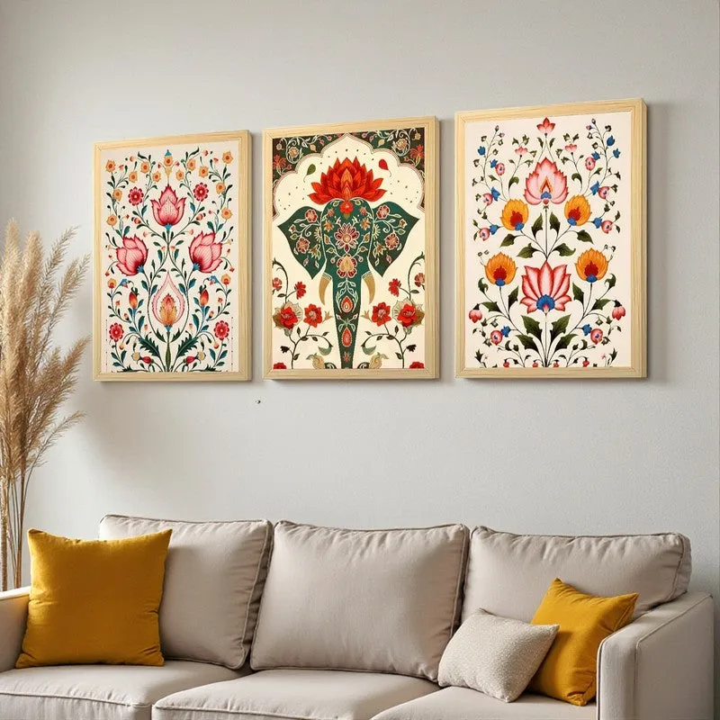 Gul-E-Hathi Mughal Wall Art With Frame (Pink) - Set Of Three media 4