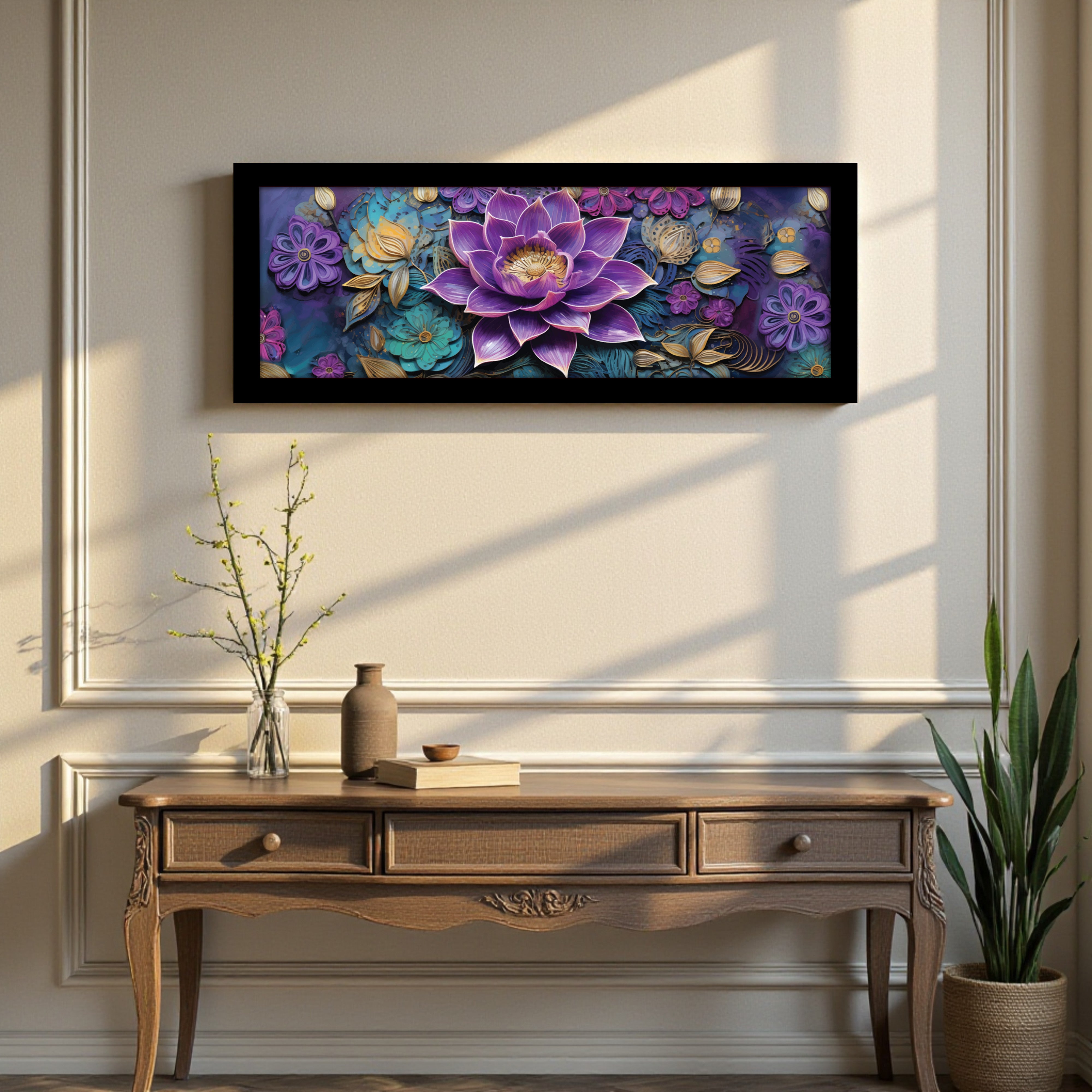 Lotique Decorative Lotus Wall Painting With Frame
