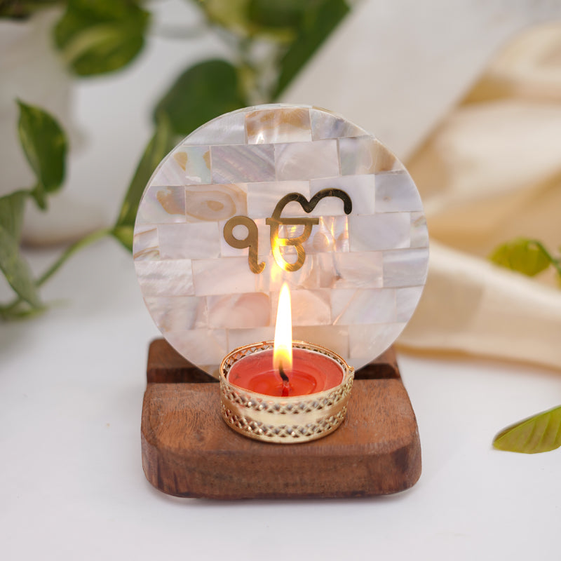 Ik Onkar Mother Of Pearl Religious Accent With Tealight Candle Holder
