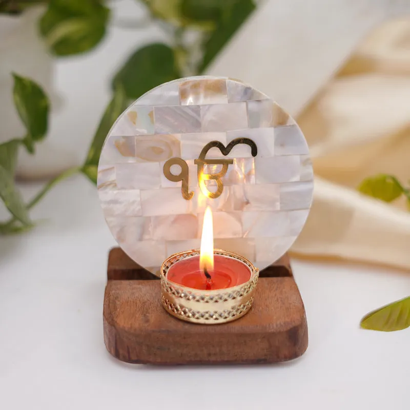 Ik Onkar Mother Of Pearl Religious Accent With Tealight Candle Holder media 1