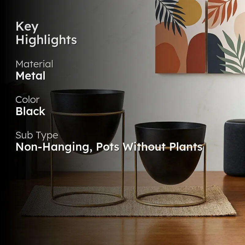 Trudene Metal Pot With Stand (Black & Gold) - Set Of Two media 2