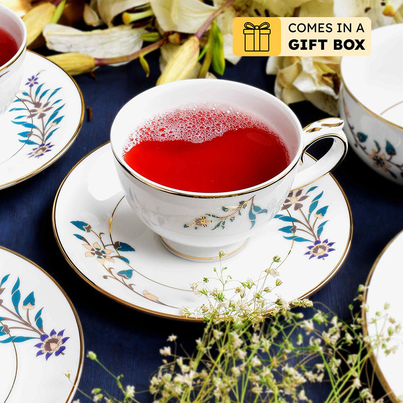 Gilded Shahi 24k Gold Brushed Porcelain Tea Cup & Saucer (300 mL) - Set of Six