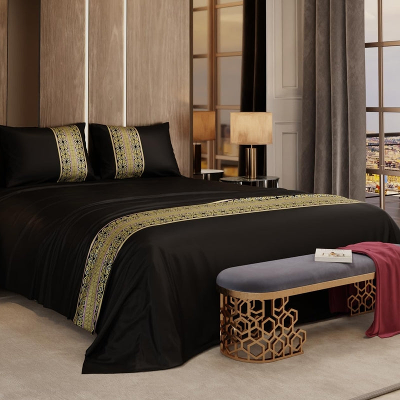 Versailles Satin Bedsheets(Black,Yellow) - 150 GSM