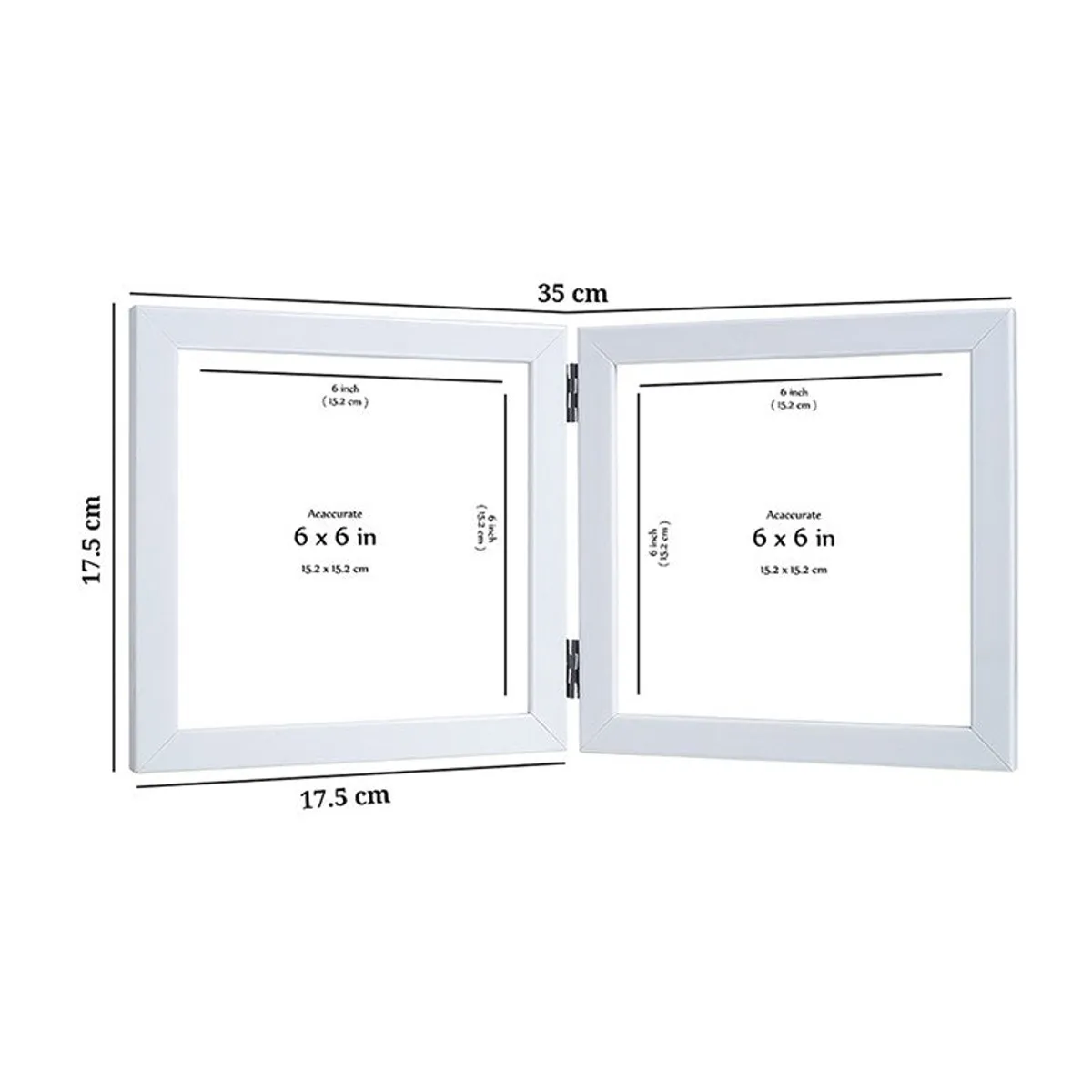 White foldable photo frame shown with visible overall and photo opening measurements