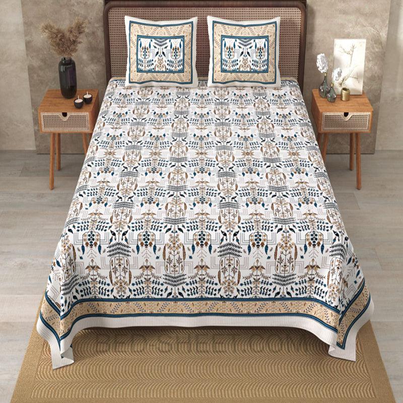 Hara Ethnic Cotton Bedsheet (White,Beige) - 180 TC media 3