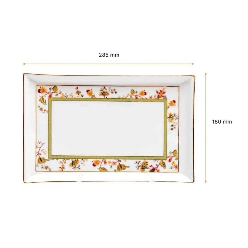 Rectangular floral porcelain platter shown with its length and width