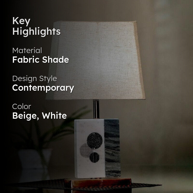 Blaze Printed Fabric Table Lamp With Marble & Copper Base - Beige,White media 2