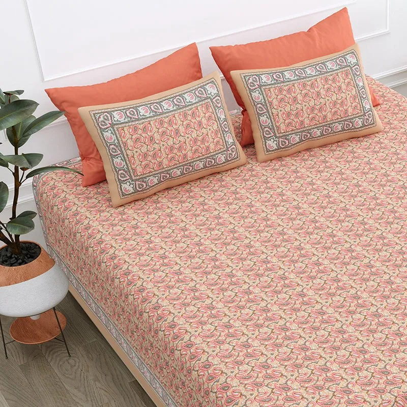 Timeless Motifs Cotton Bedsheet (Light Orange) - 180 TC media 4
