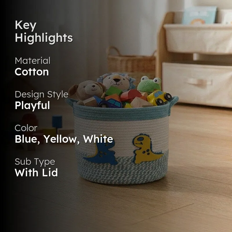 Dinosaur-themed storage basket in a kids room with highlight text overlay