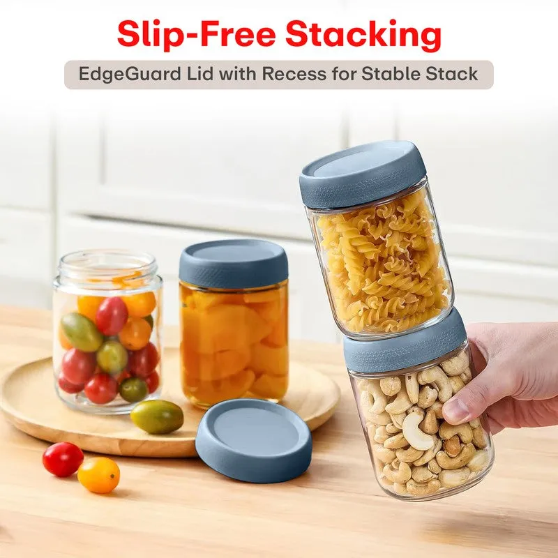 Two blue-lidded glass jars stacked to show stable, space-saving storage