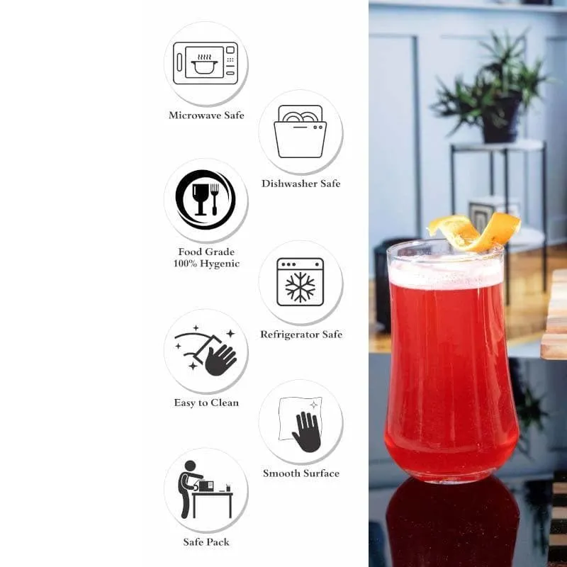 Clear tumbler with red drink beside care and safety icons