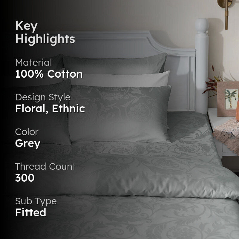 Bloom Bold Fitted Jacquard Cotton Bedsheet (Light Grey) - 300 TC media 2