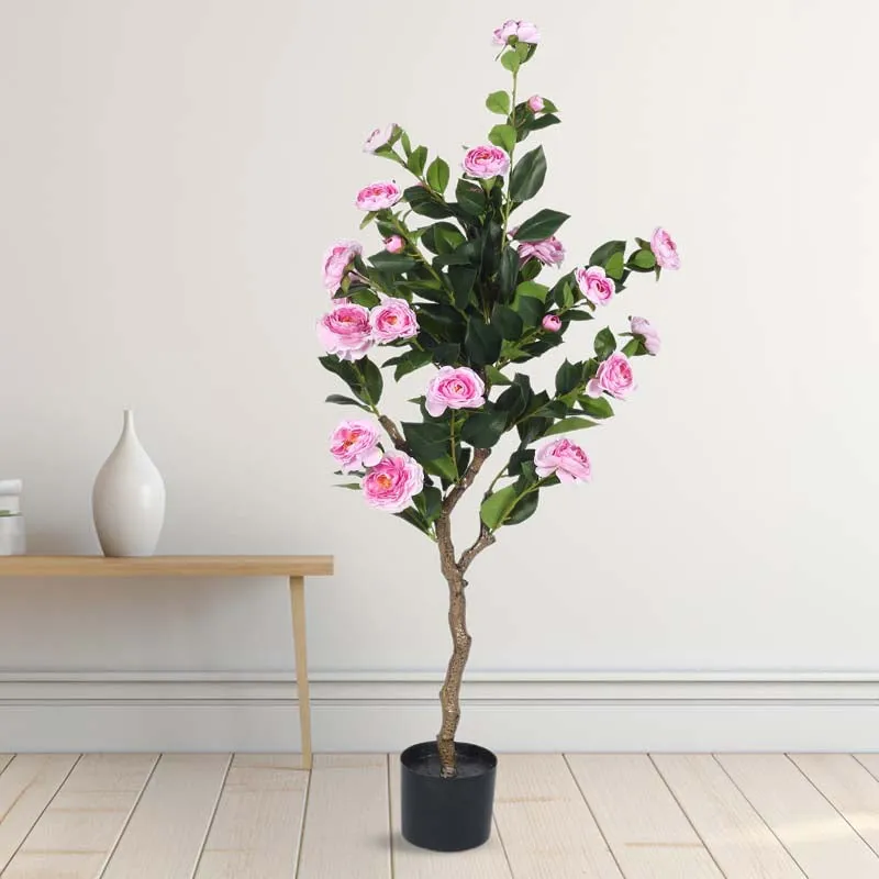 Faux Lush Mini Camellia Plant With Black Plastic Pot - Pink - 4 Feet media 3