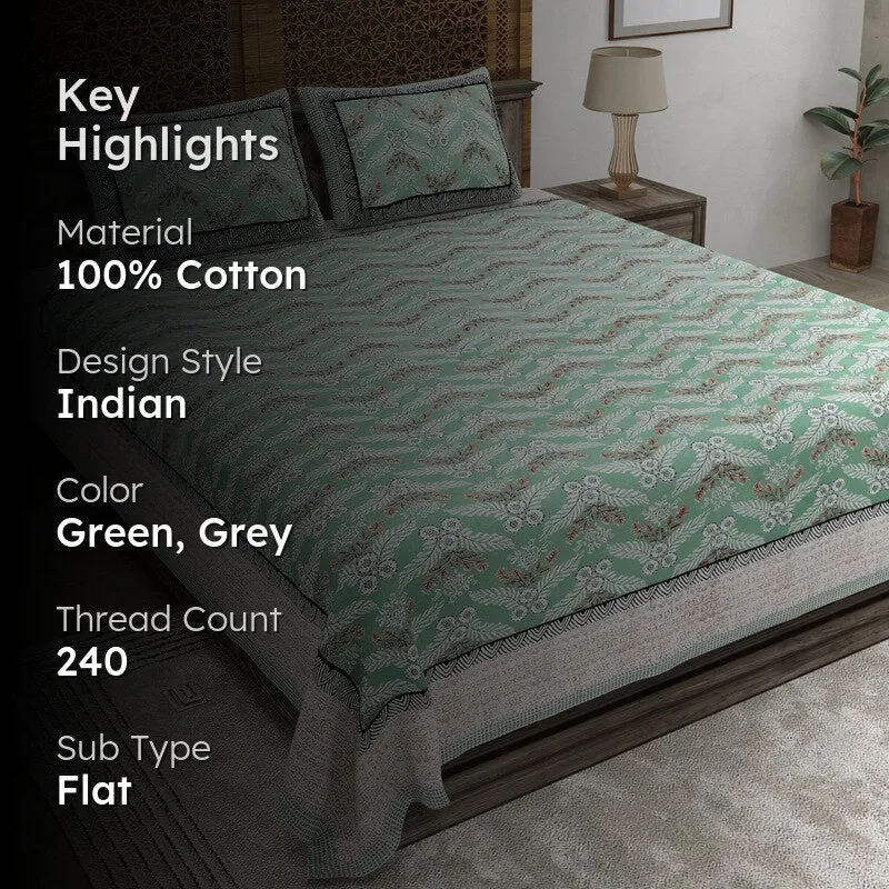 Bloomix Cotton Bedsheet (Green,Grey) - 240 TC media 2
