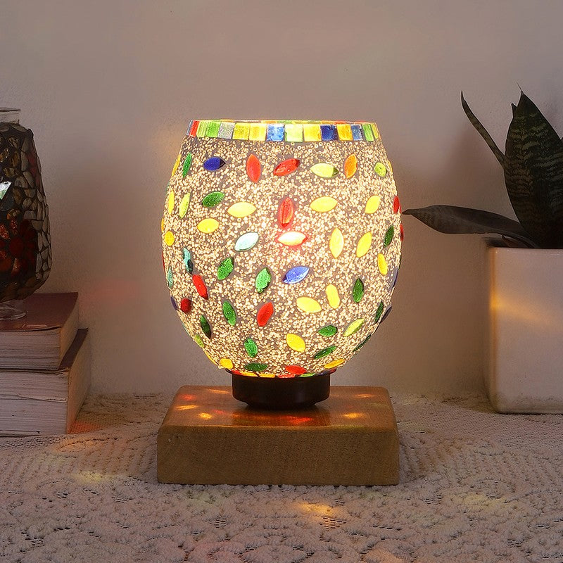 Twinkle Mosaic Glass Table Lamp With Wooden Base - Multicolor