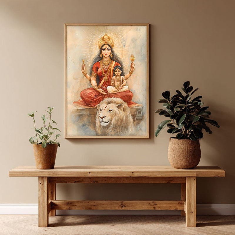 Jagadamba Spiritual Archival Paper Wall Painting - Natural Brown Frame