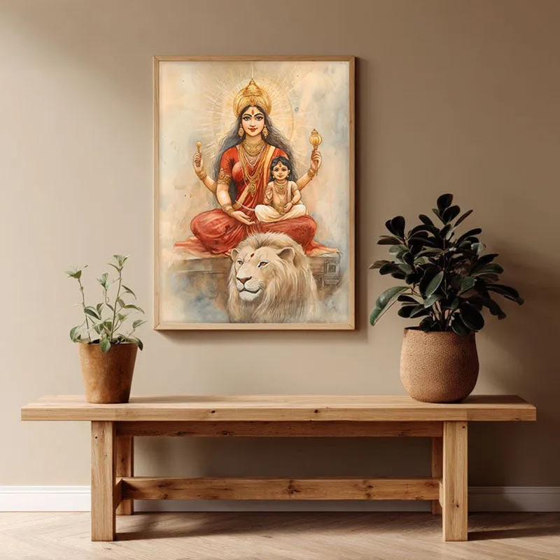 Jagadamba Spiritual Archival Paper Wall Painting - Natural Brown Frame media 1