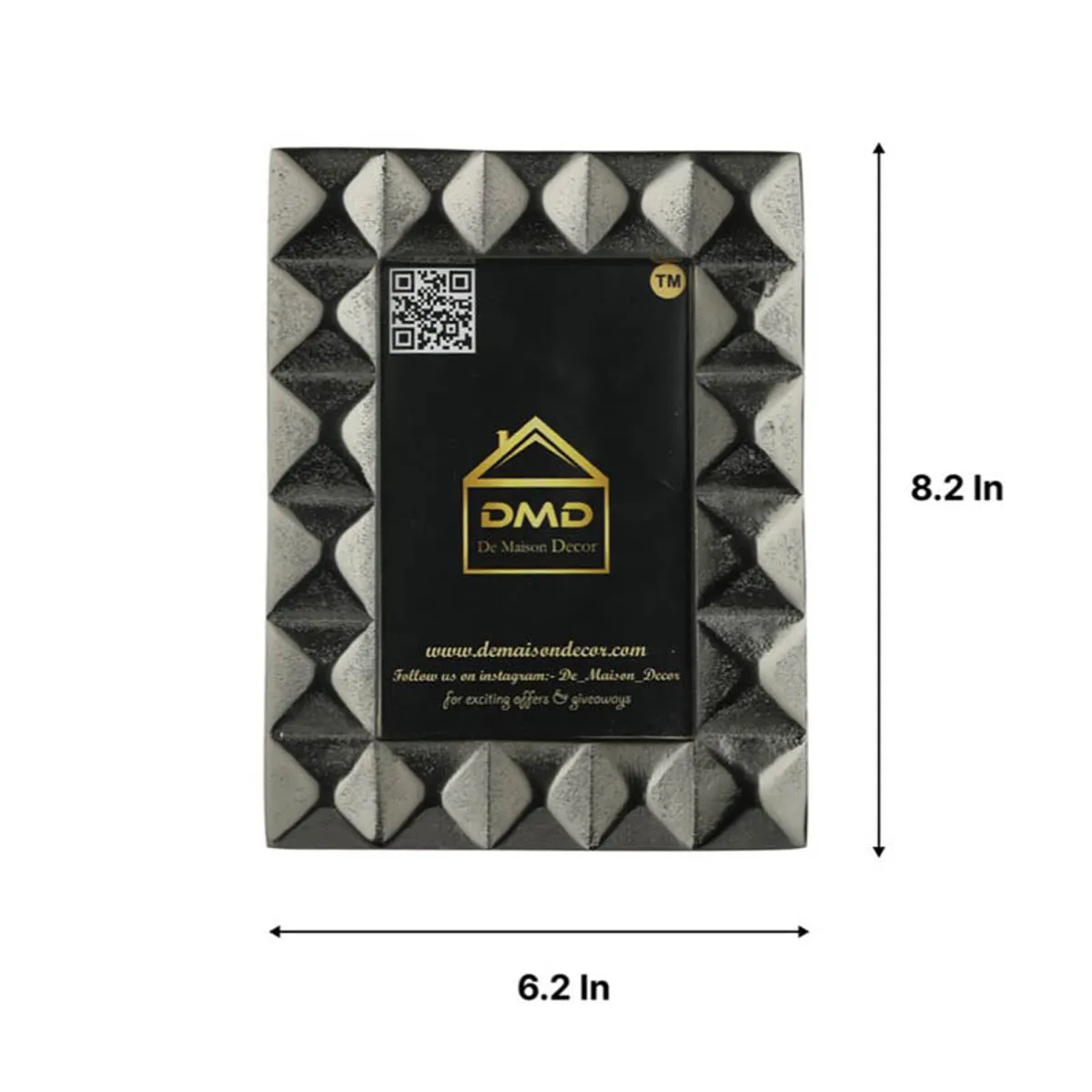 Front view of black pyramid-pattern photo frame with dimension indicators
