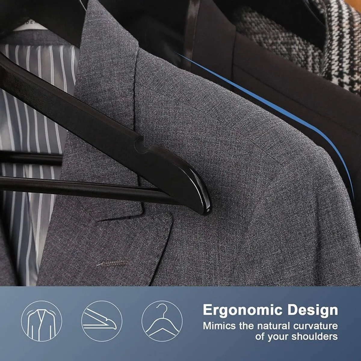 Close-up of a black hanger supporting a grey blazer