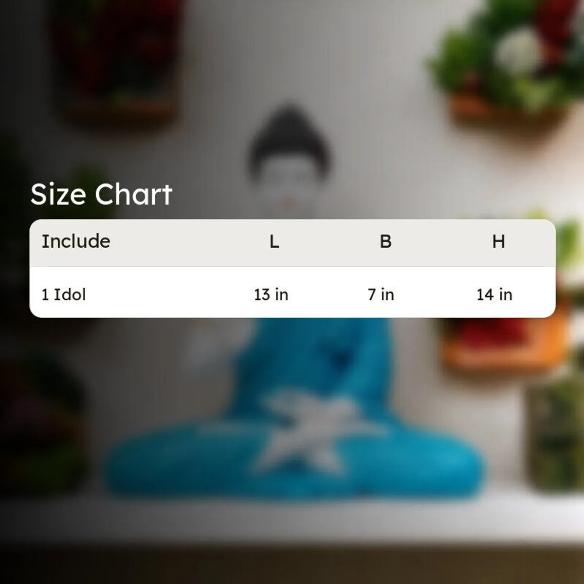 Buddha idol displayed with a size chart showing one idol