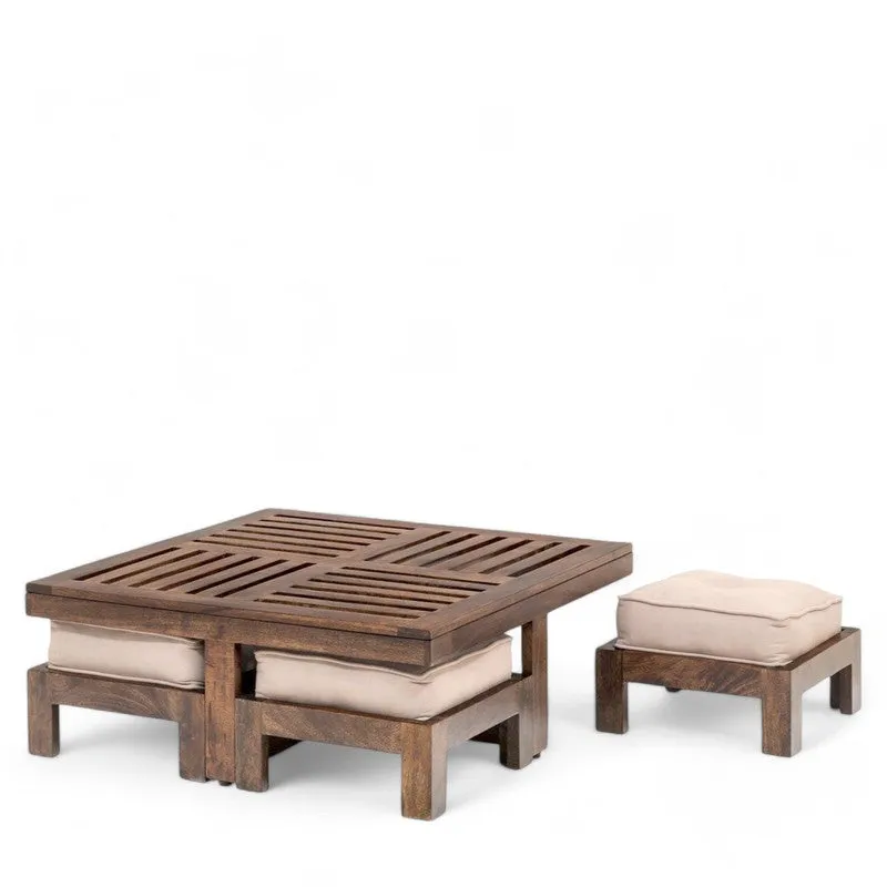Gaviron Sheesham Wooden Center Table with Stools and Cushions (Dark Brown) - Nine Piece Set media 5