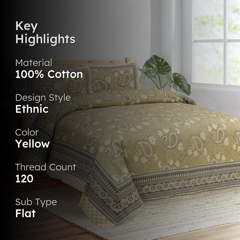 Petals & Paisleys Cotton Bedsheet (Yellow) - 120 TC media 2